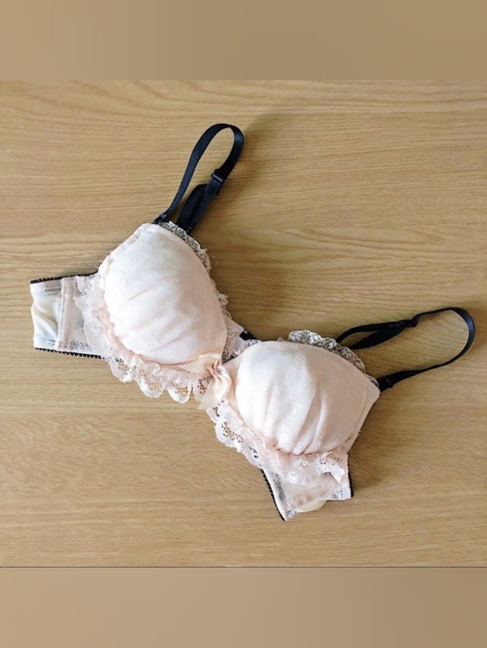 (Size 32B/70B) Push-up Black Pink Lace Frilly Bow Women's Bra